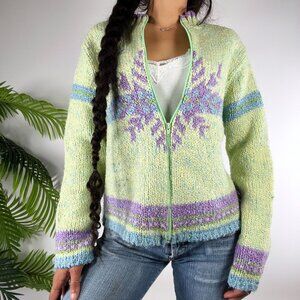 Vintage 90s Womens Green Cottagecore Grandma Sweater Zip Up Cardigan / 2